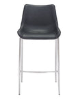 Set of Two 30" Black And Silver Faux Leather And Steel Low Back Bar Height Bar Chairs