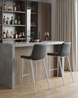 Set of Two 30" Black And Silver Faux Leather And Steel Low Back Bar Height Bar Chairs