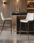 Set of Two 30" White And Brown Faux Leather And Steel Low Back Bar Height Bar Chairs