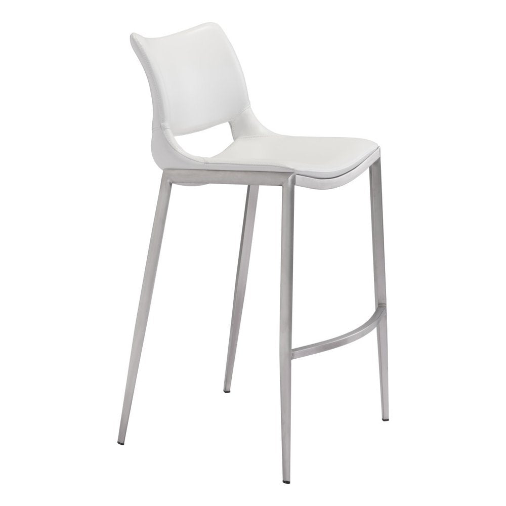 Set of Two 29" White And Silver Faux Leather And Steel Low Back Bar Height Bar Chairs