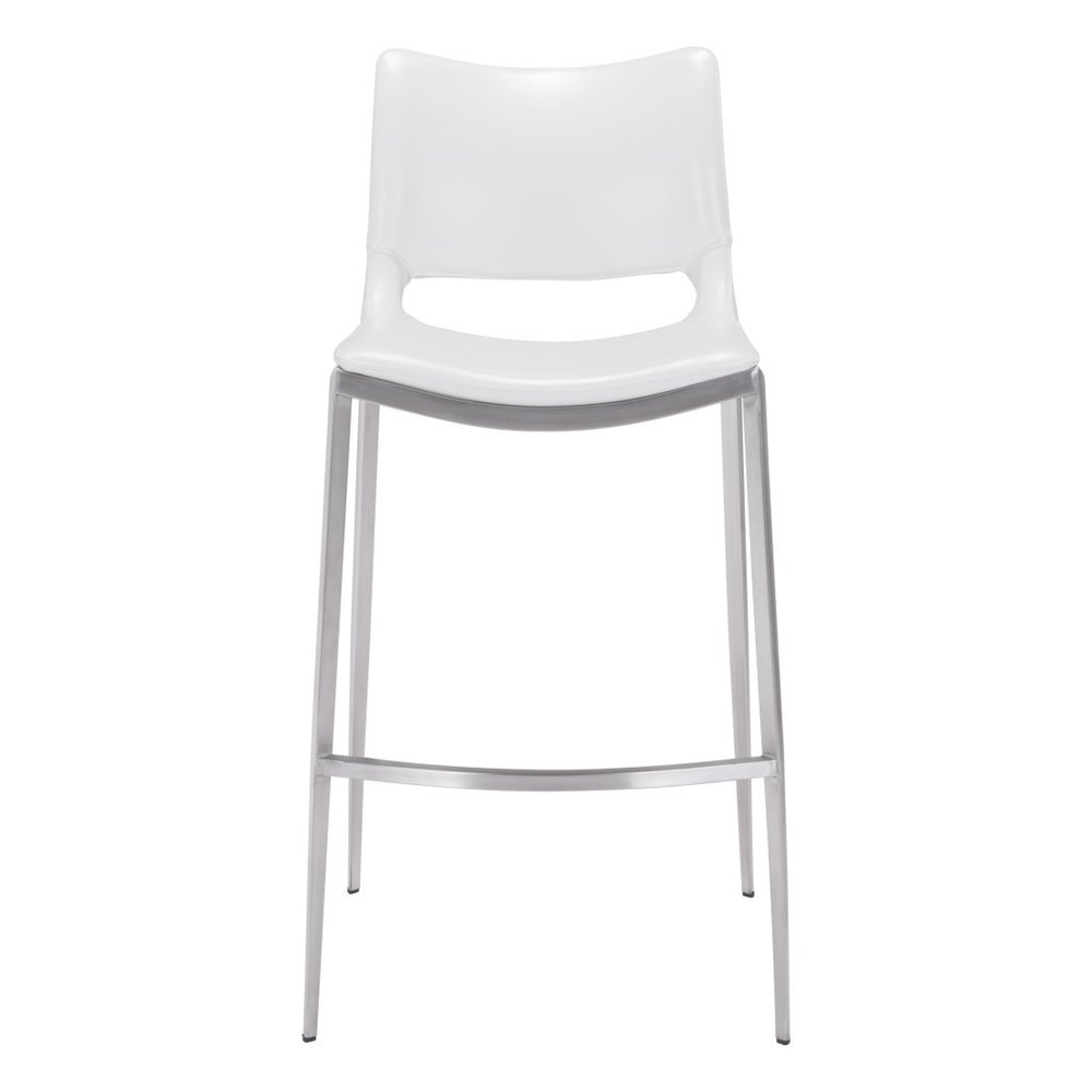 Set of Two 29" White And Silver Faux Leather And Steel Low Back Bar Height Bar Chairs