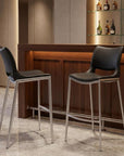 Set of Two 29" Black And Silver Faux Leather And Steel Low Back Bar Height Bar Chairs