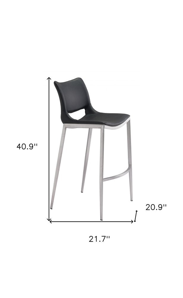 Set of Two 29" Black And Silver Faux Leather And Steel Low Back Bar Height Bar Chairs