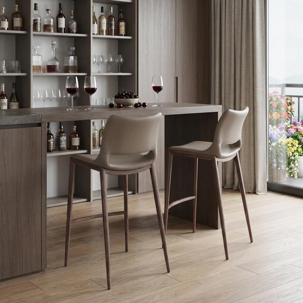 Set of Two 29" Gray And Brown Faux Leather And Steel Low Back Bar Height Bar Chairs