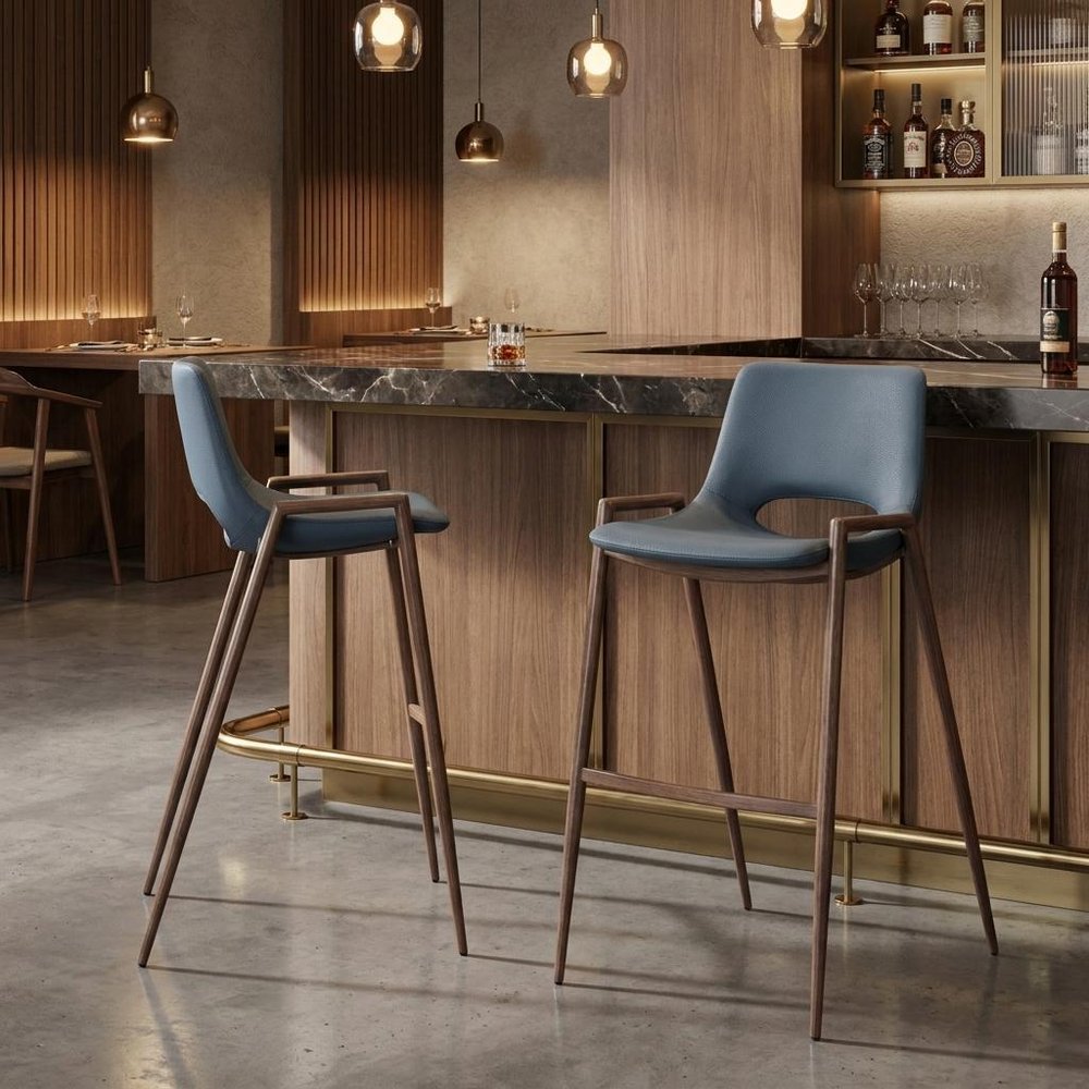 Set of Two 29" Gray And Brown Faux Leather And Steel Low Back Bar Height Bar Chairs