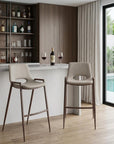 Set of Two 29" Beige And Brown Faux Leather And Steel Low Back Bar Height Bar Chairs