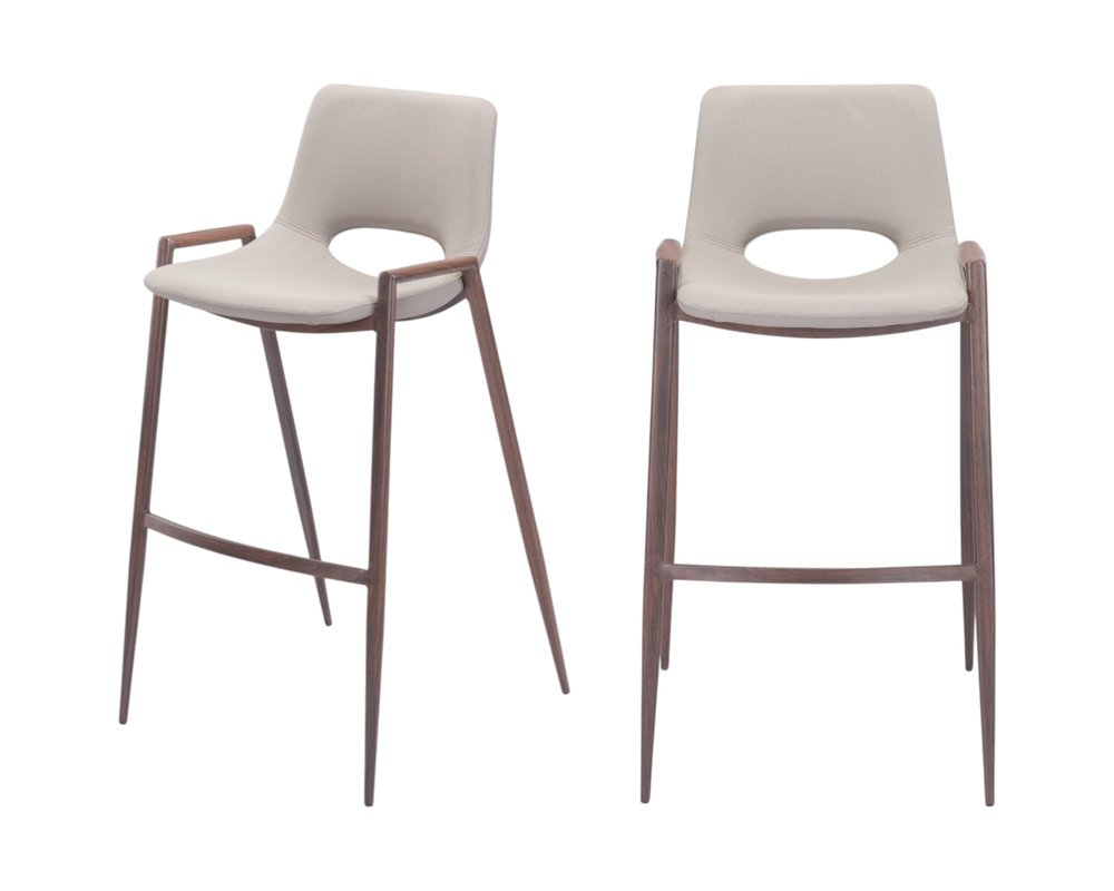 Set of Two 29" Beige And Brown Faux Leather And Steel Low Back Bar Height Bar Chairs