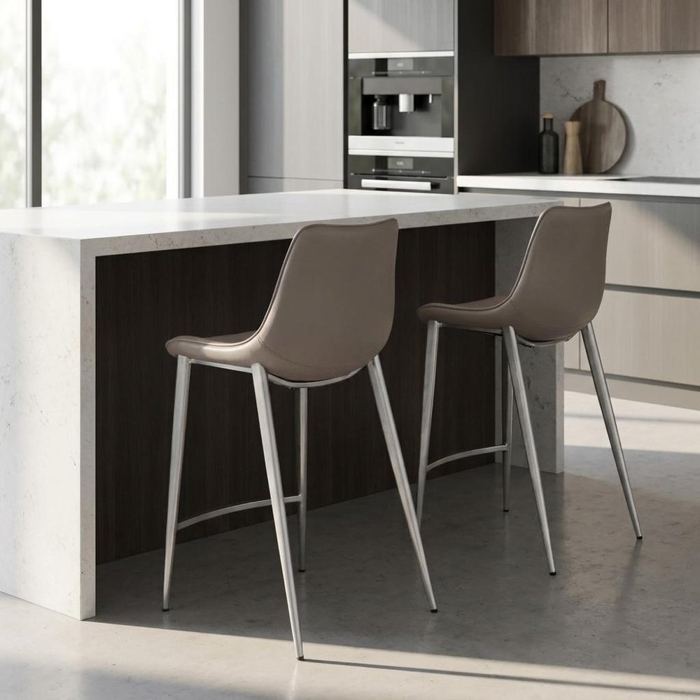 Set of Two 26" Gray And Silver Faux Leather And Steel Low Back Counter Height Bar Chairs