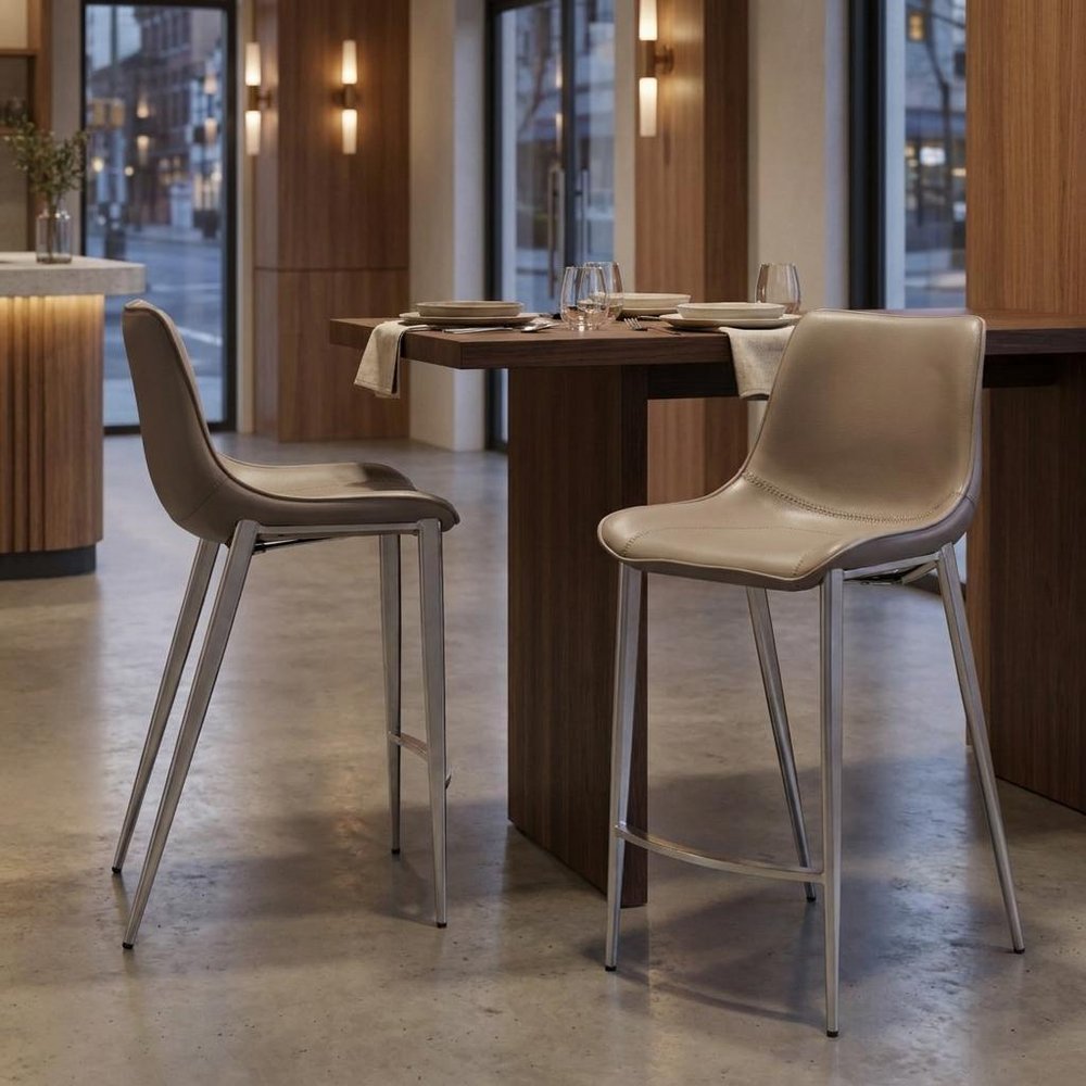 Set of Two 26" Gray And Silver Faux Leather And Steel Low Back Counter Height Bar Chairs