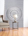 80" X 56" Gray And White Mandala Cotton Hanging Tapestry