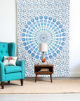 80" X 56" Blue And White Mandala Cotton Hanging Tapestry