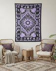 80" X 56" Purple Black And White Mandala Cotton Hanging Tapestry