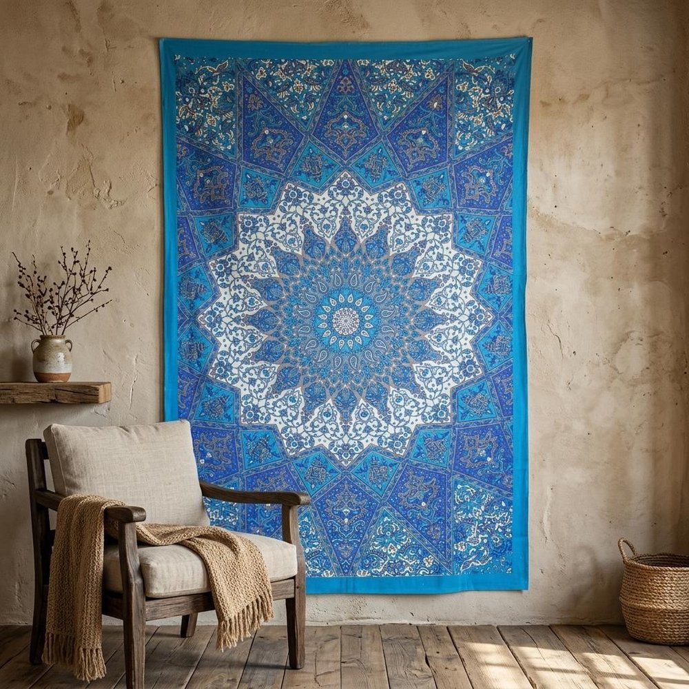 80" X 56" Royal Blue Mandala Cotton Hanging Tapestry