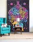 80" X 56" Black Pink And Yellow Elephant Mandala Cotton Hanging Tapestry
