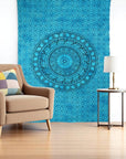 80" X 56" Turquoise And Black Mandala Cotton Hanging Tapestry