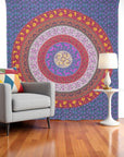 92" X 84" Blue Red And Yellow Mandala Cotton Hanging Tapestry