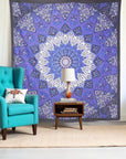 92" X 84" Purple Black And White Mandala Cotton Hanging Tapestry