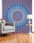 92" X 84" Navy Blue Ivory And Brown Mandala Cotton Hanging Tapestry