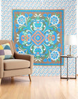 88" X 84" Brown Blue And White Floral Cotton Hanging Tapestry