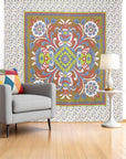 88" X 84" Green Red And White Floral Cotton Hanging Tapestry