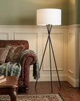66" Black Tripod Floor Lamp With White Fabric Drum Shade