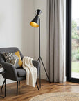 58" Black Metal Tripod Floor Lamp With Black And Gold Metal Cone Shade