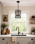 Black Metal Three Light Caged Pendant Light