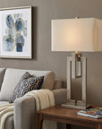 36" Nickel Iron Geometric Table Lamp With Ivory Shade