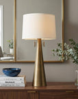 34" Brass Metal Two Light Table Lamp With White Empire Shade