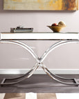 42" Silver Mirrored Glass and Metal Cross Leg Console Table