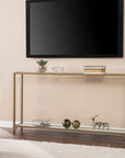 56" Clear and Gold Glass Mirrored Frame Console Table With Shelves