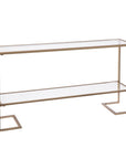 52" Clear and Gold Mirrored Glass and Metal Sled Console Table With Shelf