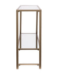 52" Clear and Gold Mirrored Glass and Metal Sled Console Table With Shelf