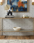 52" Clear and Gold Mirrored Glass and Metal Sled Console Table With Shelf