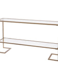 52" Clear and Gold Mirrored Glass and Metal Sled Console Table With Shelf