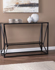 42" Black Glass and Metal A Frame Console Table With Shelf