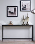56" Silver and Gunmetal Mirrored Glass and Metal Console Table
