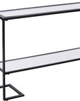 52" Clear and Black Glass Mirrored Sled Console Table With Shelves