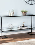 52" Clear and Black Glass Mirrored Sled Console Table With Shelves