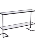 52" Clear and Black Glass Mirrored Sled Console Table With Shelves