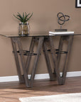 46" Clear Gray and Brown Glass and Solid Wood Abstract Console Table