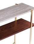 47" White Brass and Brown Faux Marble Console Table With Shelf