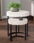Set Of Two 21" White Solid Wood And Iron Round Nested Tables