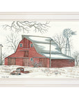 Winter Barn with Pickup Truck 1 White Framed Print Wall Art