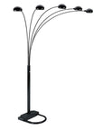 84" Black Five Light Arc Floor Lamp With Black Dome Shade