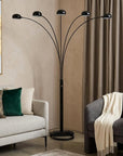 84" Black Five Light Arc Floor Lamp With Black Dome Shade