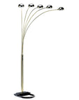 84" Gold Five Light Arc Floor Lamp With Brass Metal Dome Shade