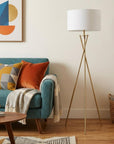 65" Gold And White Tripod Floor Lamp With White Fabric Drum Shade