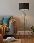 59" Silver Tripod Floor Lamp With Black Fabric Drum Shade