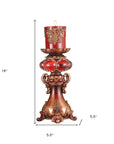 16" Tall Red and Brown Faux Marble Candle Holder with Candle
